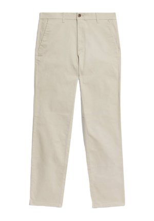 Beige bavlněné chinos kalhoty s rovnými nohavicemi, zapínáním na knoflík a dvěma bočními kapsami. Hladká textura, žádné viditelné vzory ani akcenty.