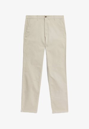 Chinos en coton beige avec une coupe droite, fermeture à bouton et deux poches latérales. Texture lisse, sans motifs ni accents visibles.