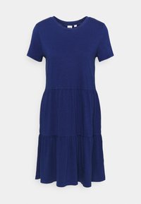 Granatowa sukienka z krótkim rękawem i okrągłym dekoltem, z warstwowym designem spódnicy o marszczonej strukturze oraz luźnym kroju.