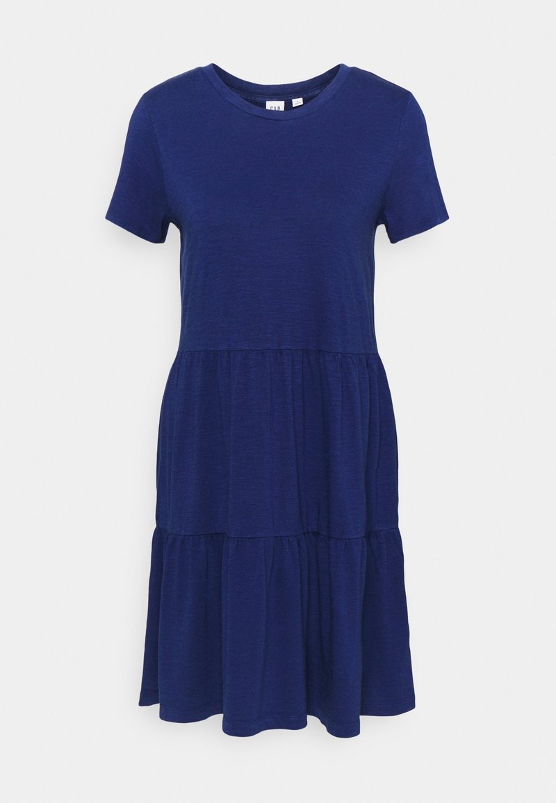 Granatowa sukienka z krótkim rękawem i okrągłym dekoltem, z warstwowym designem spódnicy o marszczonej strukturze oraz luźnym kroju.
