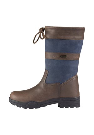 Stivale invernale marrone e blu fino a metà polpaccio con chiusura con lacci in alto, suola robusta nera e dettagli cuciti sulla tomaia e intorno alla zona della caviglia.