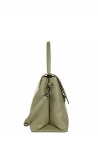 Borsa a manico superiore in ecopelle verde con forma strutturata, tracolla regolabile e dettagli in metallo di colore argento.