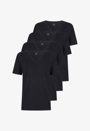 T-shirt nere a collo a V realizzate in tessuto misto cotone, con maniche corte, vestibilità regolare e texture liscia. Confezione da quattro pezzi.