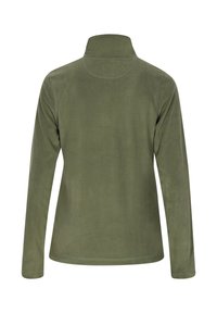 Grøn fleece-pullover, høj krave, lange ærmer, glat tekstur, ingen synlige mønstre eller hardware, bagfra.