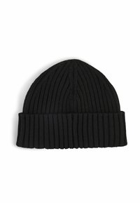 Beanie nera lavorata a maglia con una trama a coste e un risvolto sul fondo. Il tessuto è morbido ed elastico, garantendo una vestibilità aderente.