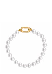 Biały perłowy bransoletka z regulowanym zapięciem w kolorze złotym. Gładkie, okrągłe perły są jednorodnej wielkości, nawleczone na wytrzymały materiał.
