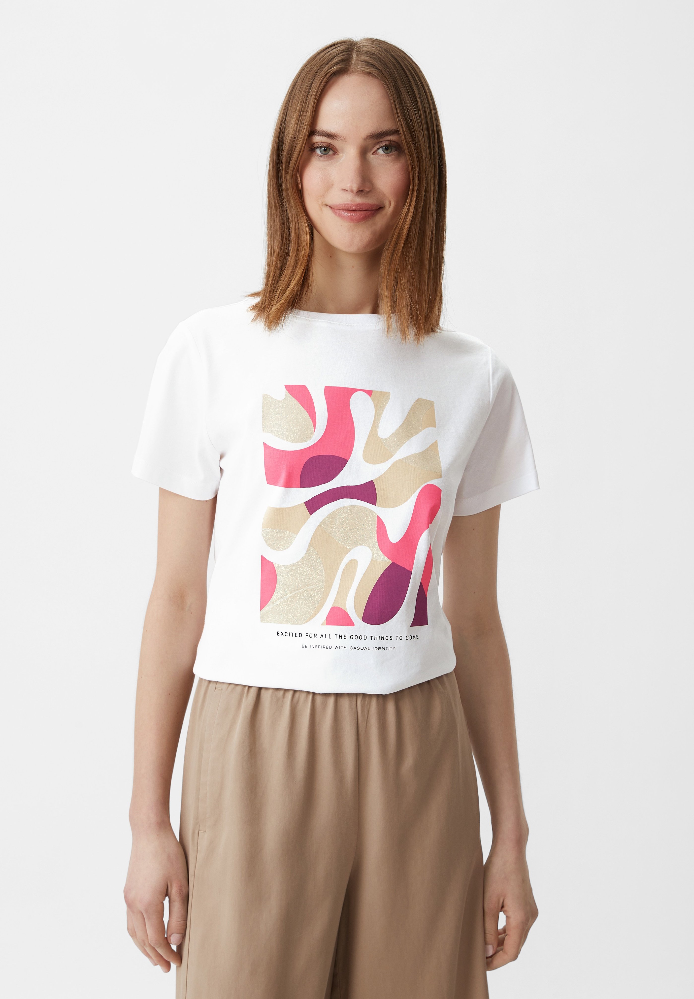 Comma Damen T-Shirt Aus Baumwollstretch – U-Boot Ausschnitt, Mit Logo, Größe 36