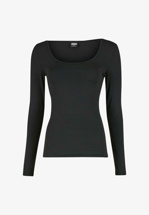 Maglia nera a maniche lunghe con scollatura a barca, realizzata in un tessuto liscio e elasticizzato. Presenta una forma aderente e cuciture minime per un aspetto elegante.