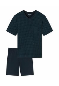 Ensemble de pyjama à manches courtes bleu marine comprenant un t-shirt à col en V avec un motif à carreaux et une poche sur la poitrine, associé à un short bleu marine uni.