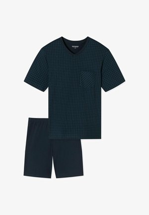 Marinblå pyjamas-set med kort ärm som innehåller en V-ringad t-shirt med rutigt mönster och en bröstficka, tillsammans med enfärgade marinblå shorts.