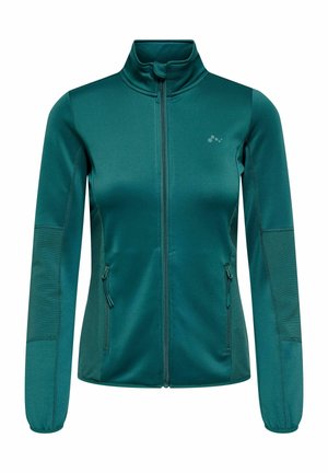 Chaqueta para mujer color azul verdoso con cremallera completa, cuello alto, bolsillos laterales con cremallera y detalles acanalados en las mangas y los costados.