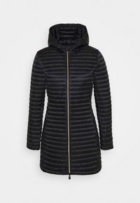 Schwarze Daunenjacke mit Reißverschluss vorne, langen Ärmeln, gestepptem Design und Kapuze. Hat eine schmale Passform und eine Länge bis zur Mitte des Oberschenkels.