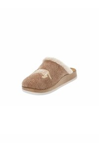Pantofole marroni lavorate a maglia con un colletto bianco soffice e una suola beige. Presentano un motivo sottile e un logo ricamato sulla parte superiore.