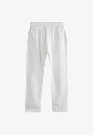 Pantaloni bianchi in cotone con vita elasticizzata, design a gamba dritta e texture liscia. Nessun motivo o dettaglio visibile.