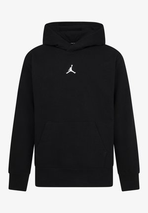 Sort hættetrøje med lange ærmer, frontlomme og lille hvid Jumpman-logo centreret på brystet.