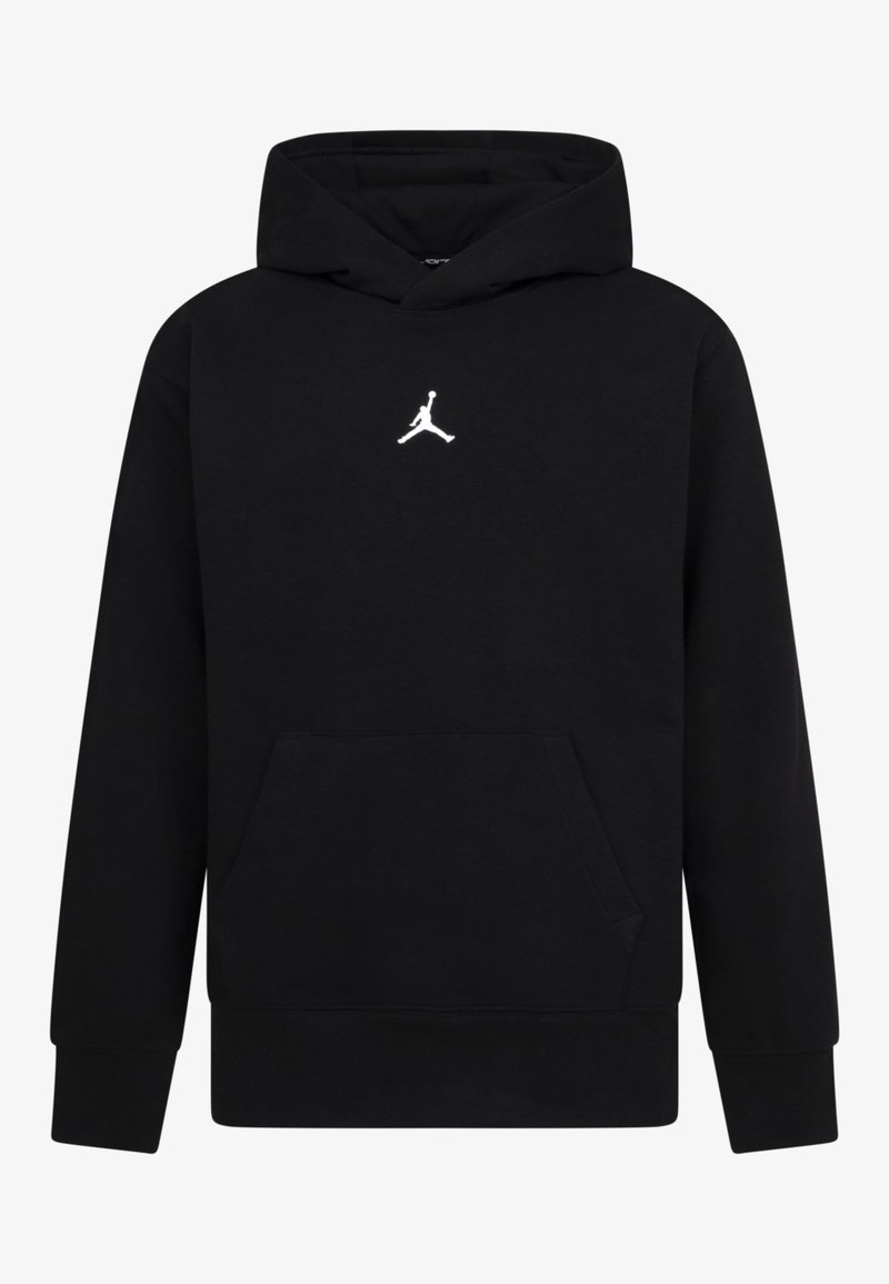 Sweat à capuche noir à manches longues, poche kangourou à l'avant, avec un petit logo Jumpman blanc centré sur la poitrine.