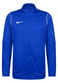 Blaues Zip-Daunenjacke aus glattem, leichtem Material. Verfügt über einen Stehkragen und weiße Akzentstreifen auf den Schultern. Nike-Logo sichtbar.