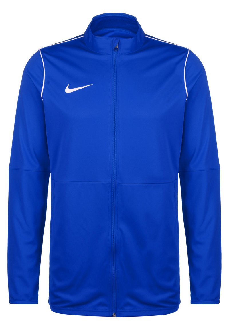 Blaues Zip-Daunenjacke aus glattem, leichtem Material. Verfügt über einen Stehkragen und weiße Akzentstreifen auf den Schultern. Nike-Logo sichtbar.
