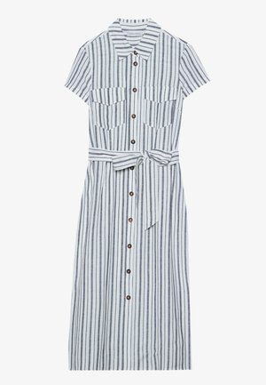 Striped shirt dress in white and navy with short sleeves, button-down front, two chest pockets, and a matching fabric belt at the waist.