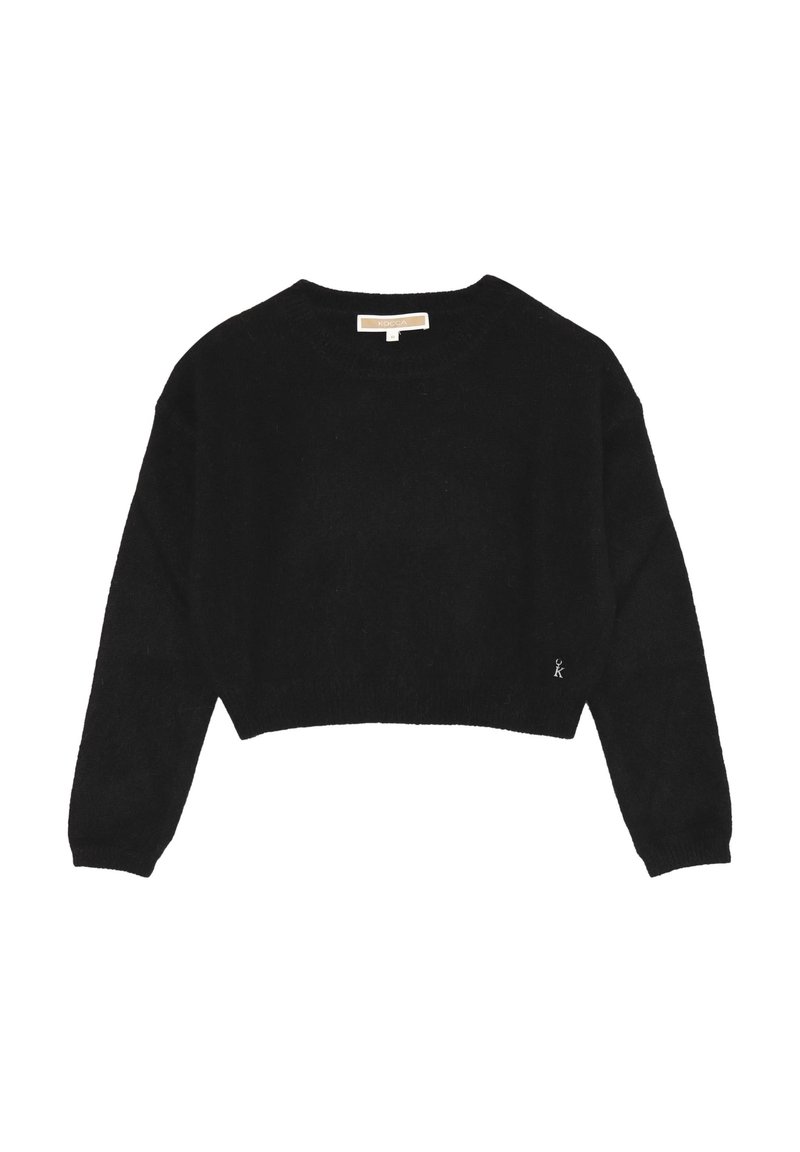 Maglione nero corto realizzato in materiale morbido, con scollo rotondo, maniche lunghe e un piccolo logo sull'orlo. Design semplice e privo di decorazioni.