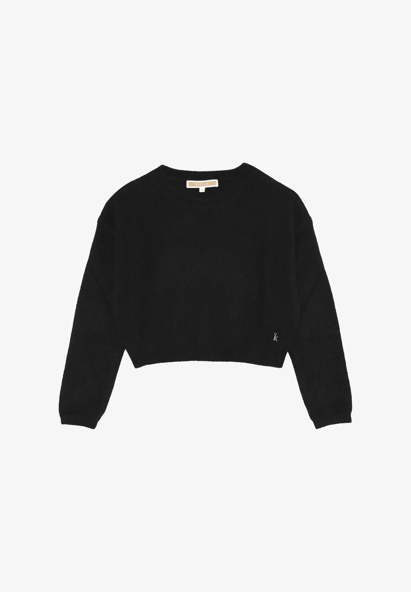 Maglione nero corto realizzato in materiale morbido, con scollo rotondo, maniche lunghe e un piccolo logo sull'orlo. Design semplice e privo di decorazioni.