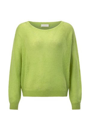 Limezöld, lazán illeszkedő pulóver, kerek nyakkivágással és hosszú ujjakkal. Puha, könnyű anyagból készült, finom textúrával.