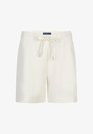 Shorts à taille élastique couleur blanc cassé avec poches avant et lien de serrage à la taille, fabriqués en tissu doux.