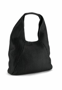 Zwarte schoudertas met geweven textuur, brede band en afgeronde onderkant, staand tegen een witte achtergrond.