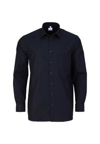 Schwarze Langarmknopfleiste aus crispem Stoff. Verfügt über einen Kragen, eine Brusttasche und einen regulären Schnitt mit Knöpfen entlang der Front.