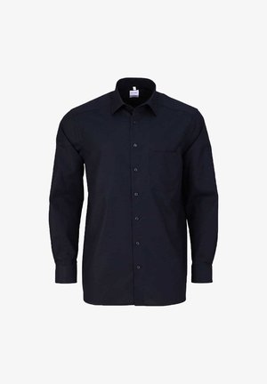 Schwarze Langarmknopfleiste aus crispem Stoff. Verfügt über einen Kragen, eine Brusttasche und einen regulären Schnitt mit Knöpfen entlang der Front.