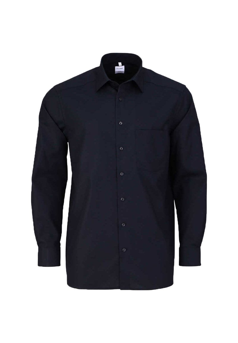 Schwarze Langarmknopfleiste aus crispem Stoff. Verfügt über einen Kragen, eine Brusttasche und einen regulären Schnitt mit Knöpfen entlang der Front.