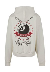 Hanorac alb cu imprimeu grafic ce prezintă o bilă 8 neagră și stele roșii, textul "MJ GONZALES" și "City of Angels", cu manșete și tiv croite în rib.
