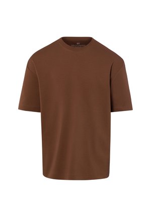 Schlichtes braunes T-Shirt mit kurzen Ärmeln und Rundhalsausschnitt, lässig geschnitten, auf weißem Hintergrund dargestellt.