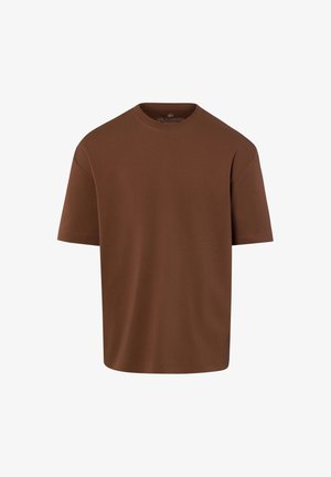 Schlichtes braunes T-Shirt mit kurzen Ärmeln und Rundhalsausschnitt, lässig geschnitten, auf weißem Hintergrund dargestellt.