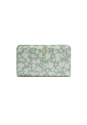 Portfel w miętowym zielonym kolorze z białym kwiatowym wzorem i małym złotym emblematem, prostokątny z zaokrąglonymi krawędziami, zamknięty i pokazany na białym tle.