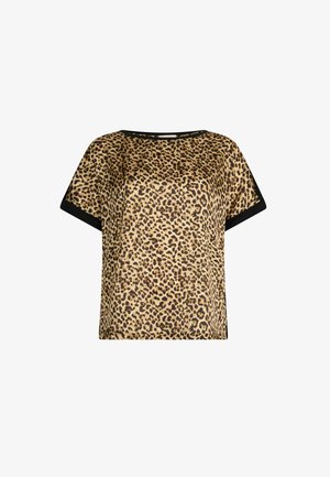 Blusa a maniche corte con stampa leopardata e vestibilità ampia, con un colletto e maniche rifiniti in nero. Realizzata in tessuto leggero e liscio.