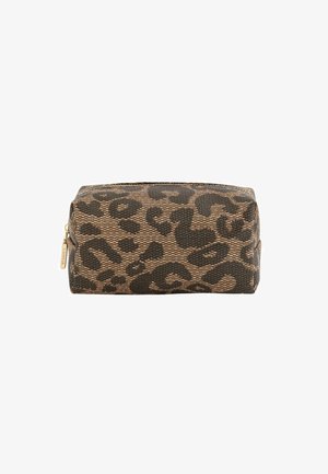 Leopard print cosmetic bag made of durable fabric, featuring a rectangular shape, zip closure, and gold-tone hardware detail.