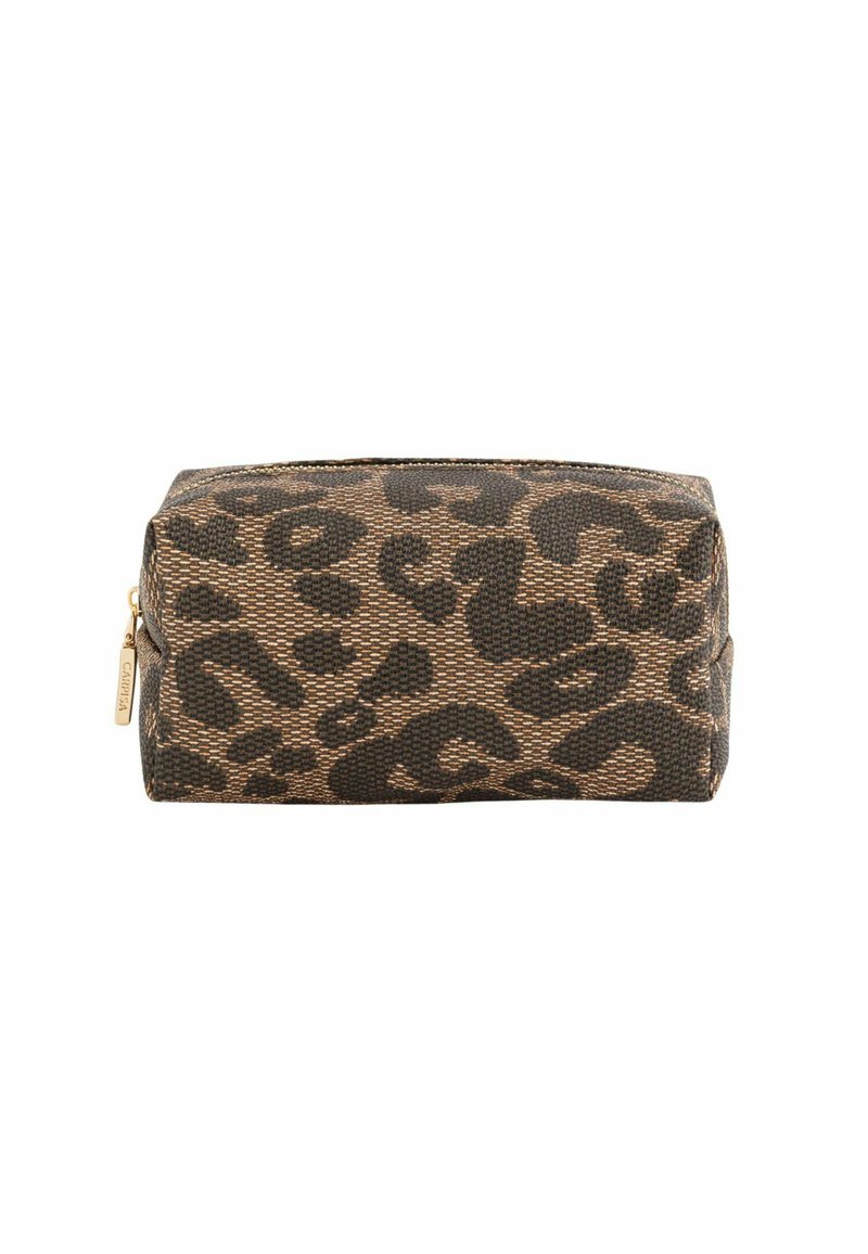 Trousse de maquillage en imprimé léopard, fabriquée en tissu durable, avec une forme rectangulaire, fermeture éclair et détails en métal doré.