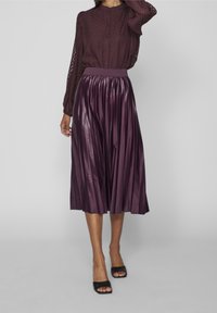 Blusa trasparente bordeaux con maniche lunghe e chiusura a bottoni, abbinata a una gonna plissettata a vita alta in raso color prugna scuro. Tacchi neri aperti davanti.