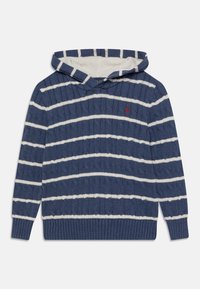 Hoodie bleu marine avec des rayures blanches, motif en maille torsadée texturée, manches et ourlet côtelés. Petit logo rouge sur la poitrine. Matériau en mélange de coton.
