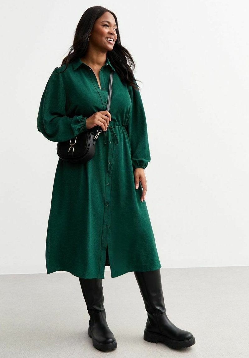 New Look Curves CURVES DRAWSTRING WAIST MIDI - Skjortklänning - dark green