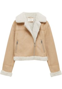 Gesneden beigekleurig jasje van zacht leer, met een witte nepbonten kraag en manchetten, en twee zijzakken met rits.