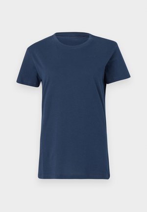 Marineblå kortermet t-skjorte laget av bomull, med rund hals, vanlig passform og jevn tekstur. Minimalistisk design uten synlige mønstre.