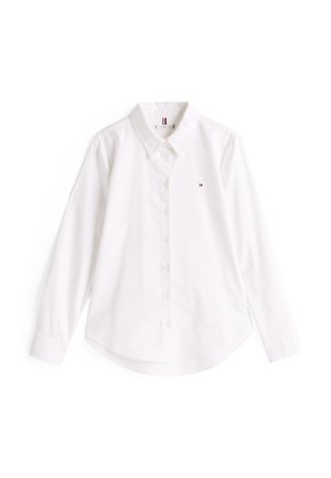 Witte button-up shirt van katoen met een klassieke kraag, lange mouwen en een afgeronde zoom. Heeft een klein gekleurd logo op de borst.
