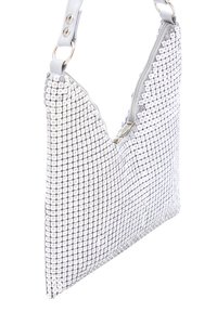 Borsa a tracolla argentata con paillettes, di forma triangolare, con chiusura a zip e superficie testurizzata. Presenta una tracolla removibile.
