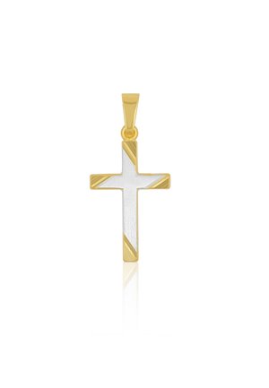 Pendentif croix bicolore or et argent avec des accents dorés en diagonale sur fond blanc.