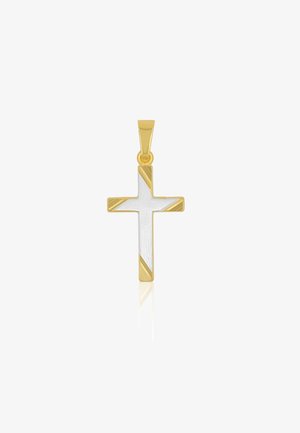 Gold- und silberfarbener zweifarbiger Kreuzanhänger mit diagonalen goldenen Akzenten auf weißem Hintergrund.