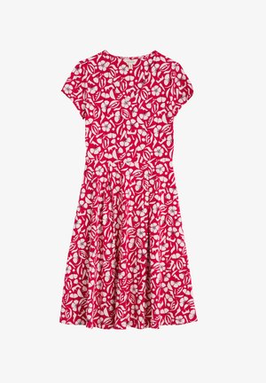 Abito a maniche corte, lungo fino al ginocchio, di un vivace colore rosa, caratterizzato da un motivo floreale e di foglie bianche, con gonna a ruota e scollatura a V.