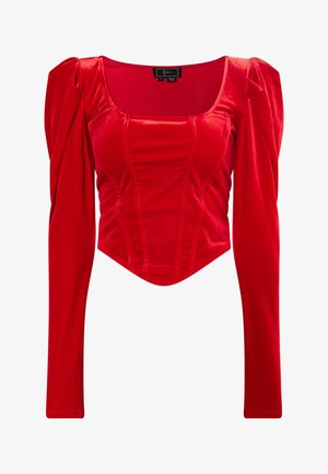 Sarkanais samta tops ar garām piedurknēm, kvadrātveida dekoltē, puffed pleciem un pielāgotām šuvēm, kas rada pieguļošu siluetu.