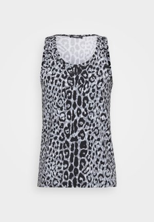 Beżowy tank top bez rękawów Versace z czarno-szarym wzorem w panterę, okrągłym dekoltem i metką z logo wewnątrz kołnierza.